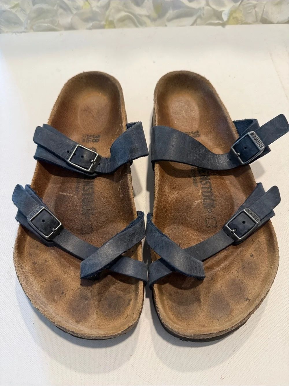 Birkenstock Navy Leather Triple-Strap Slide Sandals
